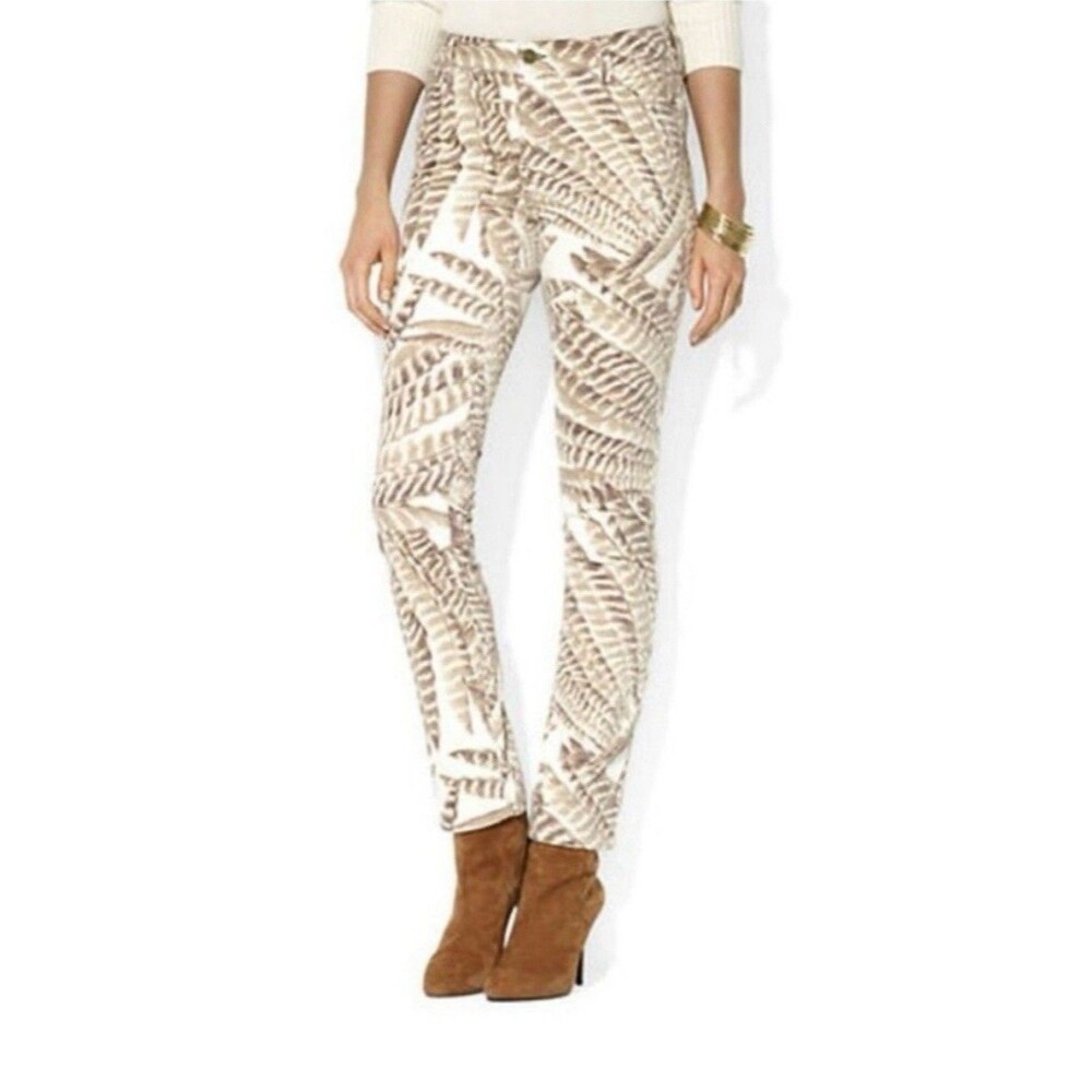 Ralph Lauren Pants Women 10 Cream Brown Feather Print Slim Fit Southwest Soft